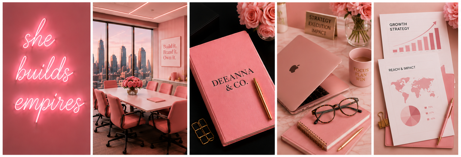 She Builds Empires neon sign, DeeAnna & Co. pink conference room, and branded notebook